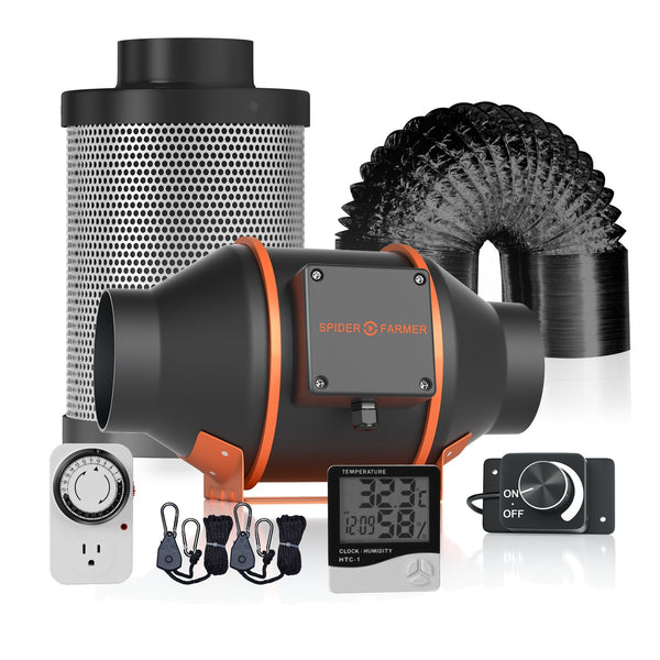Spider Farmer® 100mm 350m3/h ventilators + filtrs + piederumi / ar ātruma regulatoru