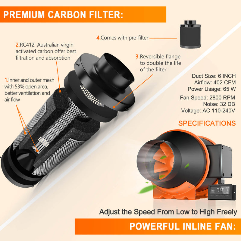 Spider Farmer® 150mm 600m3/h ventilators + filtrs / ar temperatūras kontroli