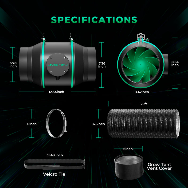 Mars Hydro iFresh 150mm Smart ventilators + filtrs + piederumi / ar ventilatoru. ātruma regulators