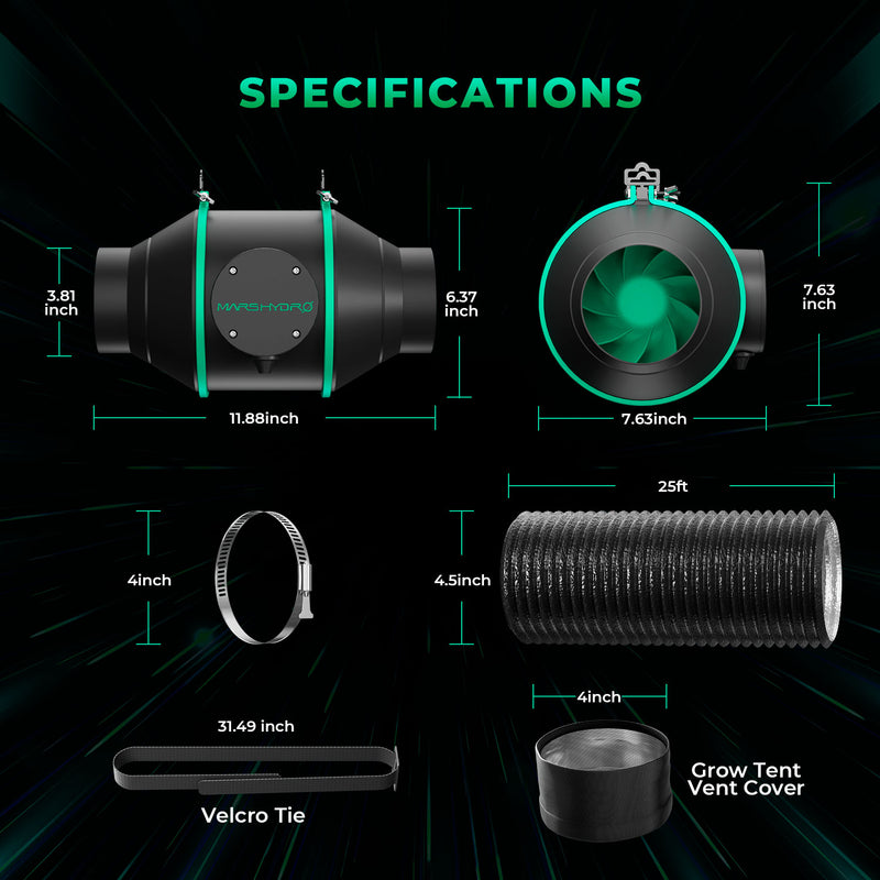 Mars Hydro iFresh 100mm Smart ventilators + filtrs / ar ventilatoru. ātruma regulators